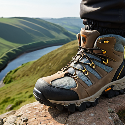 Home 4 **A hiker lacing up sturdy hiking boots with Vibram soles on a rocky path. Focus on the detail of the boot and the texture of the ground. Background: rolling hills of the Netherlands in soft focus.** (This prompt highlights the importance of good footwear for uneven terrain.)