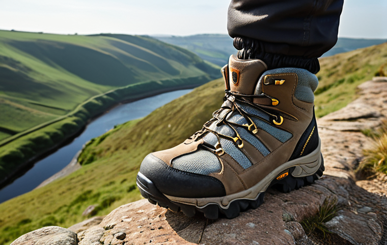 **A hiker lacing up sturdy hiking boots with Vibram soles on a rocky path. Focus on the detail of the boot and the texture of the ground. Background: rolling hills of the Netherlands in soft focus.** (This prompt highlights the importance of good footwear for uneven terrain.)